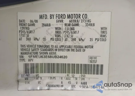 2008 Ford Explorer Xlt z USA, uszkodzony, nr VIN 1FMEU63E68UB24620